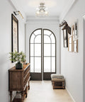Modern Ceiling Light Fixture With Clear Glass Shade Three Light Brushed Nickel Semi Flush Mount in elegant hallway setting