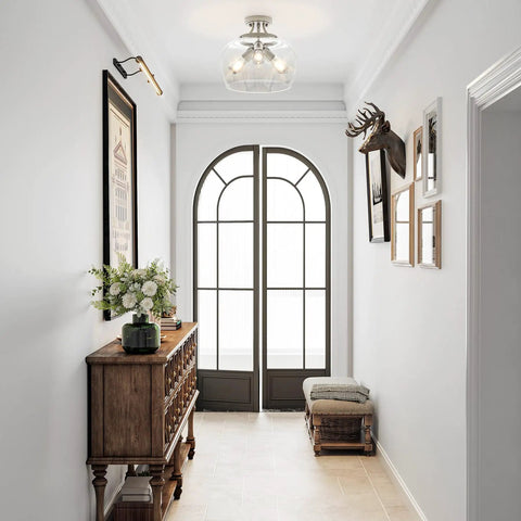 Modern Ceiling Light Fixture With Clear Glass Shade Three Light Brushed Nickel Semi Flush Mount in elegant hallway setting