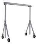 Heavy Duty Adjustable Height Aluminum Gantry Crane With Smooth Rolling Pneumatic Casters For Fast Track Setup And No Sweat Lifting Up To One Thousand Five Hundred Pounds Across Ten By Twelve Foot Span, front view highlighting construction and wheels.