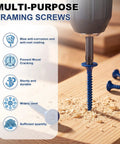 Heavy Duty Blue Ceramic Wood Screws For Backer Board And Cement Tile, close-up of 1-5/8 inch fastener being driven into wood.