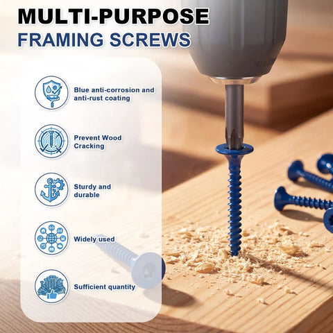 Heavy Duty Blue Ceramic Wood Screws For Backer Board And Cement Tile, close-up of 1-5/8 inch fastener being driven into wood.