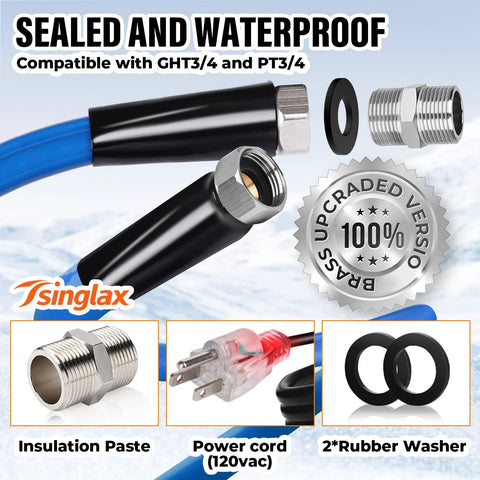 Tsinglax heated RV water hose with blue hose and silver metal fittings; includes rubber washers