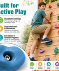Boy climbing wooden wall with 32 Piece Rock Climbing Holds Set With Mounting Hardware And Hex Wrench For Indoor And Outdoor Walls