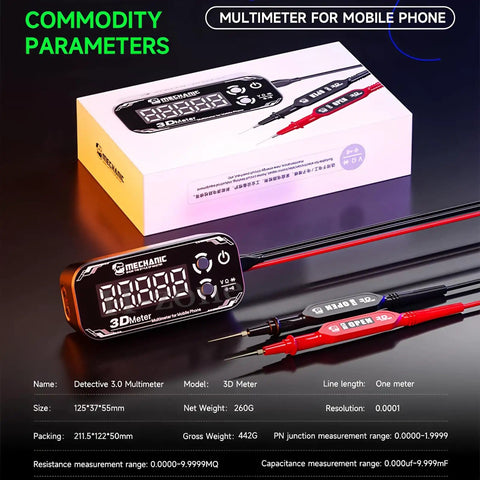 Detective 3.0 3D Meter Multimeter with 3D Triple Display for Mobile Phones and PCBs shown with box and probes, ultra precise tester.