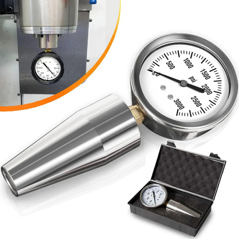 Spindle Drawbar Force Test Gauge Holder For BT40 CNC Mills, 0-3000 PSI/LBS Range, 5/8-11 Inch Retention Knob Thread, Quick Check Tool For Milling Machines, Works With DFG-1 Adapters, Built Tough For Daily Machining. Stainless steel gauge holder and pressure dial in case