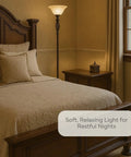 Bronze Floor Lamp With Glass Alabaster Swirl Amber Shade, Elegant Standing Lamp For Living Room And Bedroom, Cozy Vibe Glow beside bed