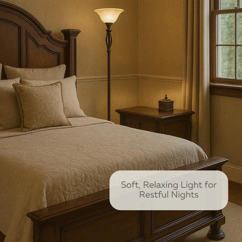 Bronze Floor Lamp With Glass Alabaster Swirl Amber Shade, Elegant Standing Lamp For Living Room And Bedroom, Cozy Vibe Glow beside bed