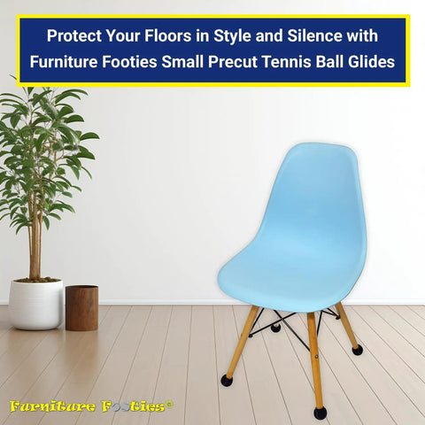 Heavy Duty Tennis Ball Chair Glides For Slick Smooth Floor Savers No Scratch Guards Easy Install Pre Cut Felt Pads Zero Hassle Furniture Foot Covers Stool And Patio Leg Caps 100 Pack on a light blue chair in a modern interior.