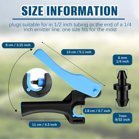 Size chart of Drip Irrigation Hole Punch Tool Set With Fifty Goof Plugs And One Punch Tool for DIYers in backyard garden