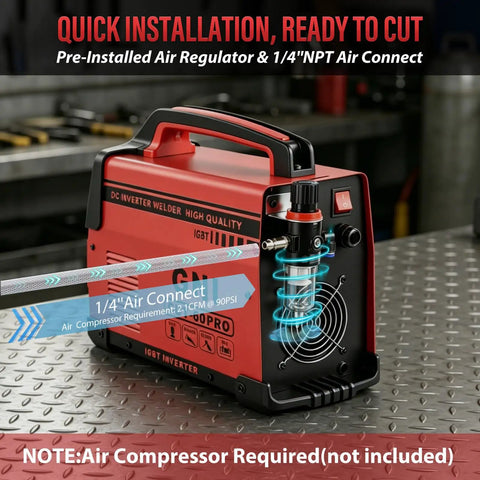 2 In 1 Portable Plasma Cutter And Stick Welder 60PRO with air regulator and 1/4'' NPT connect, in workshop setting.