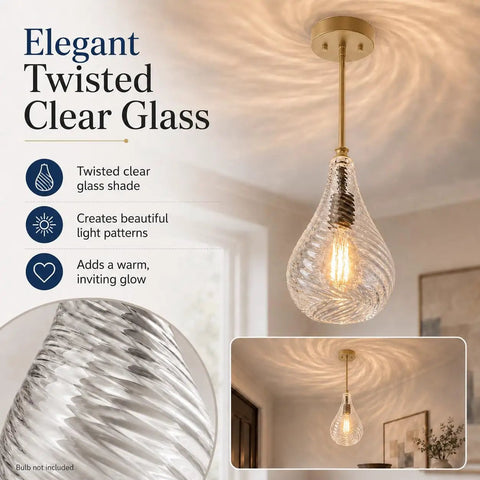 HXXLFONEDP Champagne Gold Pendant Light for Kitchen Island, Clear Glass with twisted clear glass shade, 6.30 x 5.5 in.
