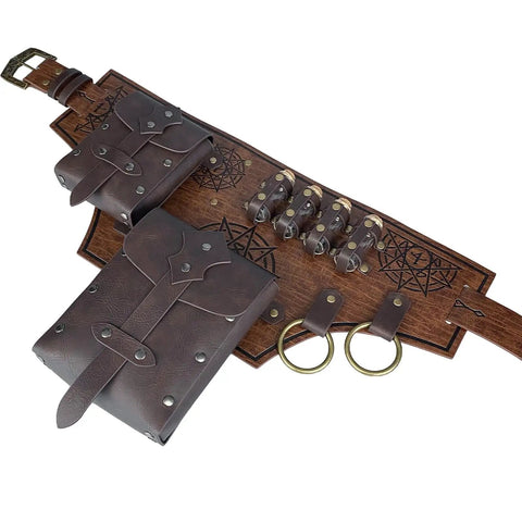 Slick Embossed Faux Leather Medieval Alchemy Waist Belt Set with potion vial slots, adjustable, brown color.