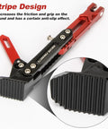 Close-up of Universal Adjustable Aluminum Alloy Motorcycle Kickstand For Electric Scooters And Dirt Bikes, red with stripe design.