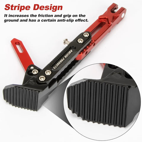 Close-up of Universal Adjustable Aluminum Alloy Motorcycle Kickstand For Electric Scooters And Dirt Bikes, red with stripe design.