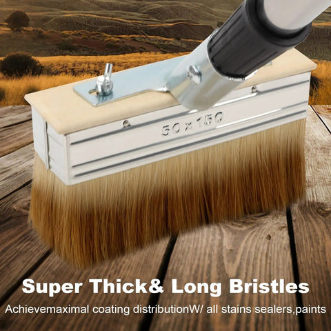 Stain Brush Kit With 60 Inch Long Handle For Decks And Wood Surfaces showing 6 inch wide brush with thick bristles.
