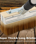 Long Handle Deck Stain Brush With 59 Inch Telescoping Pole 6 Inch Wide Stain Applicator close-up showing bristles on wood deck.