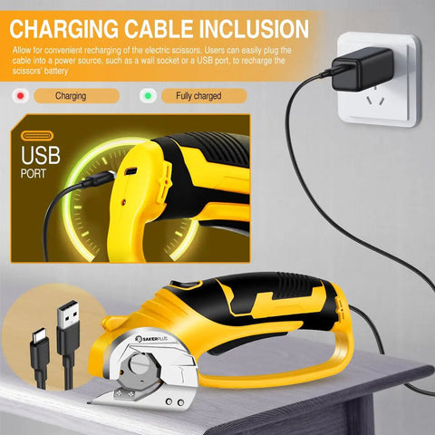 Slick Cordless Electric Scissors With Integrated Safety Shield And Quick Rechargeable 4V Battery charging via USB port and adapter.