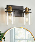 2 Light Vanity Light Fixture Black and Gold With Clear Glass Shade Matte Black Finish Brushed Gold Copper Accent Socket Modern Over Mirror Bathroom Wall Sconce For Bathrooms