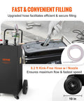 Portable 30 Gallon Gas Caddy With Two Wheels And Manual Transfer Pump For Diesel And Gasoline Fuel Storage Tank Grab N Go shown during use