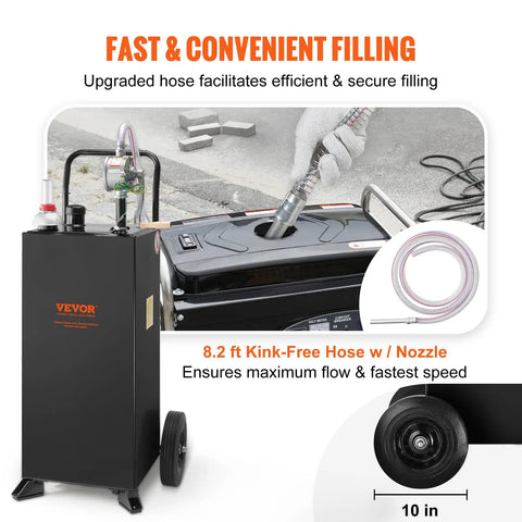 Portable 30 Gallon Gas Caddy With Two Wheels And Manual Transfer Pump For Diesel And Gasoline Fuel Storage Tank Grab N Go shown during use