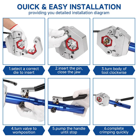 Installation steps for Hydraulic Hose Crimper For Auto AC Handheld Crimp Tool With Snap On 7 Die Set Hydra Krimp shown.