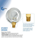 2-1/2 Inch Dry Pressure Gauge With Chrome Plated Steel Case Lower Mount 1/4 NPT Dual Scale Psi Bar KPa Burdon Tube Brass