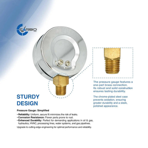 2-1/2 Inch Dry Pressure Gauge With Chrome Plated Steel Case Lower Mount 1/4 NPT Dual Scale Psi Bar KPa Burdon Tube Brass