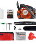 12 Inch Top Handle Gas Chainsaw With 25cc 2-Stroke Engine and accessories including bar, chain, tools, and manual