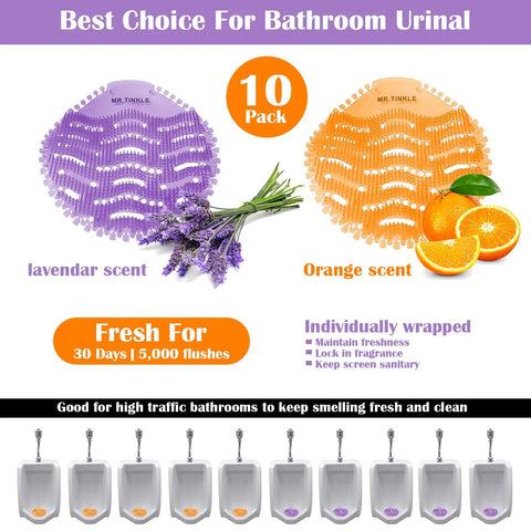 Urinal Screens Deodorizer Set Of 10 With Orange And Lavender Fresh Scents, showing screens with scents and use in urinals.
