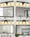 Five Light Modern Vanity Light Fixture in black metal with white marble glass installed above mirrors in bathrooms.
