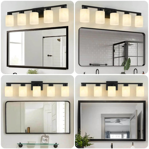 Five Light Modern Vanity Light Fixture in black metal with white marble glass installed above mirrors in bathrooms.