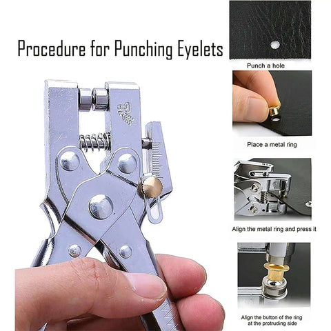 Heavy Duty Pro Grade Eyelet Pliers Kit With 3/16 Inch Grommets shown with step-by-step installation guide for fabric and leather
