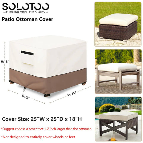 Heavy Duty Waterproof Patio Ottoman Cover Square 25 By 25 Inches Fits Most Outdoor Ottomans Up To 18 Inches High Durable Beige Furniture Protector Shields From Rain Snow Dust And Sun Easy On Tight Fit displayed on various ottomans