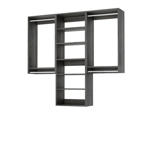 Sleek Modular Closet Organizer Wall Mounted Kit With Heavy Duty Hanging Rods Adjustable Shelves Smooth Glide Rails Grey Finish No Sweat Installation Organization System featuring dual hanging rods and multiple shelves.