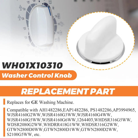White Washer Control Knob Replacement Dial 2 Inch Wide 1.75 Inch High Snap On Fit For Most Washers No Fuss Easy Install Replaces 1264403 AP3994965 AH1482286 EAP1482286 PS1482286, white washer knob with chrome ring