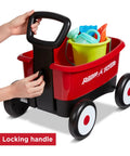 Push And Pull Walker Wagon With Garden Tools For Kids One To Four Years Old Locking Handle For Stability Converts From Baby Push Walker To Pull Wagon For Indoor And Outdoor Play Kid Friendly red wagon with locking handle and tools visible