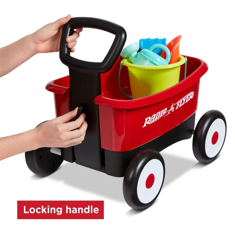 Push And Pull Walker Wagon With Garden Tools For Kids One To Four Years Old Locking Handle For Stability Converts From Baby Push Walker To Pull Wagon For Indoor And Outdoor Play Kid Friendly red wagon with locking handle and tools visible