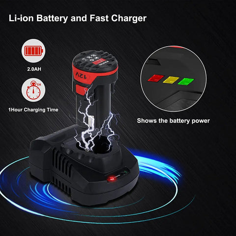 Cordless 3 Inch Car Buffer Polisher Kit with 12V 2000mAh Battery and 45 Minute Fast Charger displaying charge indicator