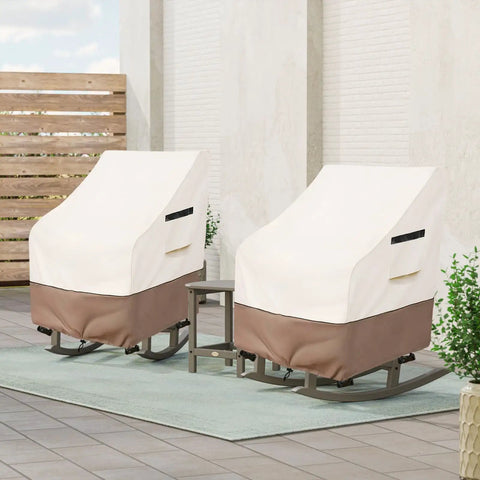 Two outdoor rocking chairs covered with Outdoor Rocking Chair Cover 2 Pack Heavy Duty Waterproof Patio Cover Beige with plants