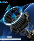 Brushless HVAC Blower Motor Assembly Replacement For Freightliner And Volvo Trucks Front Side Fit For Coronado FL50 FL60 FL70 VHD VNL VNM VAH VT OE Reference 4379RD5130670P showcasing premium motor with arrows indicating airflow.