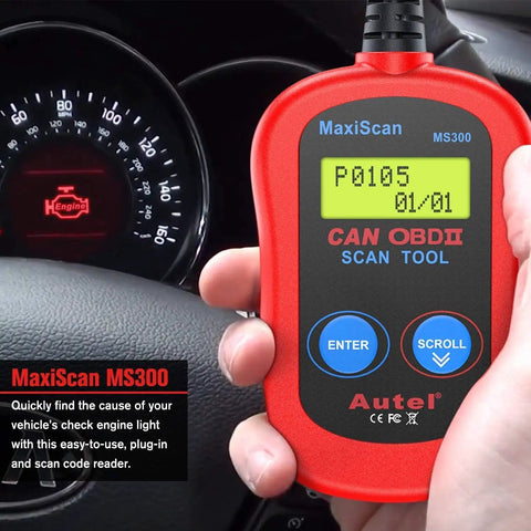 Hand holding MS300 OBD2 Scanner Code Reader For Cars And Trucks, Plug And Play CAN Diagnostic Tool displaying code P0105.