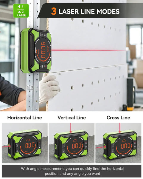 Three In One Digital Angle Gauge With Laser Level And Magnetic Base For DIY Woodworking Rechargeable 2 Beam Laser Level With Horizontal And Vertical Lines Measures 0 To 90 And 0 To 180 Degrees Ultra Handy Pro Grade Tool showing 3 laser modes