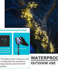 Outdoor Solar Fairy String Lights on tree, warm white LEDs, waterproof, for patio garden, no wires, easy setup