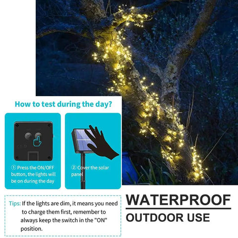 Outdoor Solar Fairy String Lights on tree, warm white LEDs, waterproof, for patio garden, no wires, easy setup