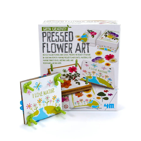 Green Creativity Pressed Flower Art Kit With Recycled Flowers box and finished craft example for kids 5 and up