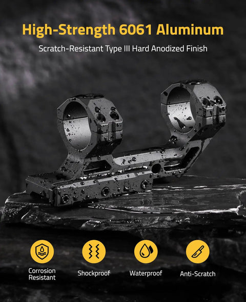 Cantilever 1 Inch Offset Dual Ring Scope Mount For Picatinny Rails One Piece Aluminum Unibody Construction Lightweight Rugged Rifle Scope Mount With Recoil Lugs For Rock Solid Zero in wet condition, showing corrosion resistance.