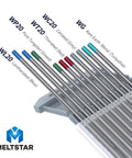 Pro Grade TIG Welding Tungsten Electrodes Set With Pure Cerium Lanthanated And Rare Earth Blend Seven Piece One Sixteenth Inch Mix Color Coded Red Green Gray Blue Turquoise All In One Pack For Diverse Welds shown in a case.