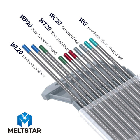 Pro Grade TIG Welding Tungsten Electrodes Set With Pure Cerium Lanthanated And Rare Earth Blend Seven Piece One Sixteenth Inch Mix Color Coded Red Green Gray Blue Turquoise All In One Pack For Diverse Welds shown in a case.