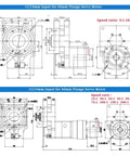 Technical diagram of 60mm flange servo motor with 11/14mm input showing dimensions and speed ratios.