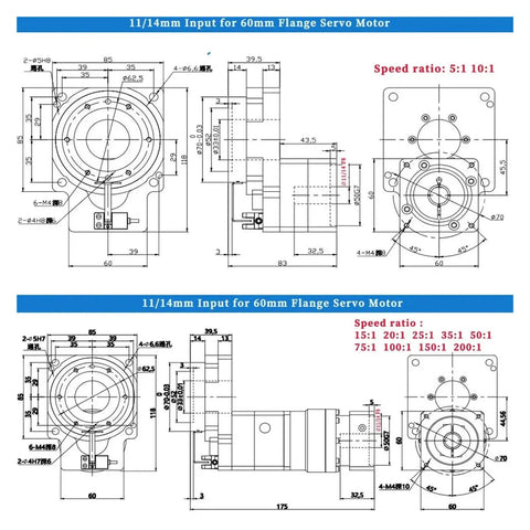 Technical diagram of 60mm flange servo motor with 11/14mm input showing dimensions and speed ratios.